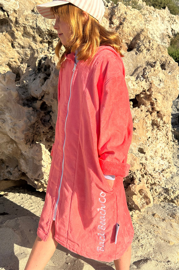 Kids Salty Peach Hooded Towelling Robe 7-11Y